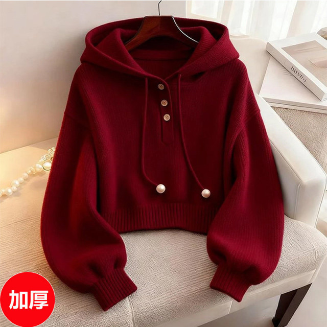 红色连帽卫衣女2025年秋冬新款短款打底衫针织毛衣超好看单穿上衣