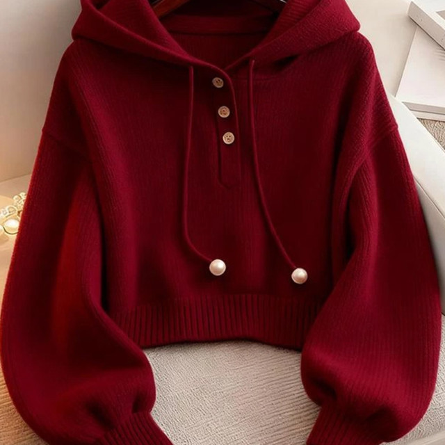 红色连帽卫衣女2025年秋冬新款短款打底衫针织毛衣超好看单穿上衣
