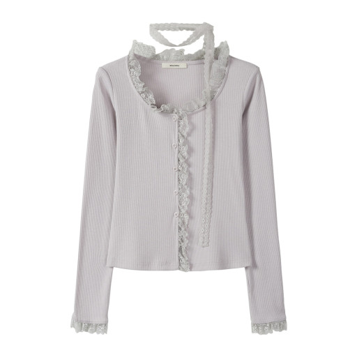 氣質蕾絲飄帶圓領純色長袖T恤2025年秋季新款休閑百搭花邊上衣