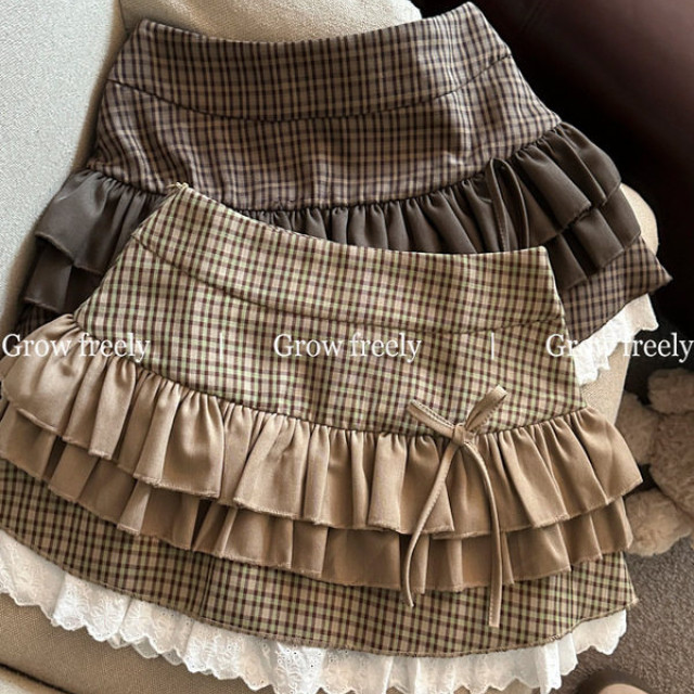 Grow freely 法式復古格紋芭蕾風半身裙女秋季辣妹蓬蓬蛋糕短裙子