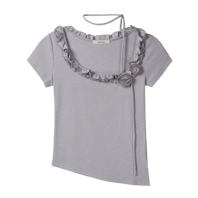 甜辣純欲立體花朵木耳邊短袖T恤女夏季新款系帶不規則修身上衣