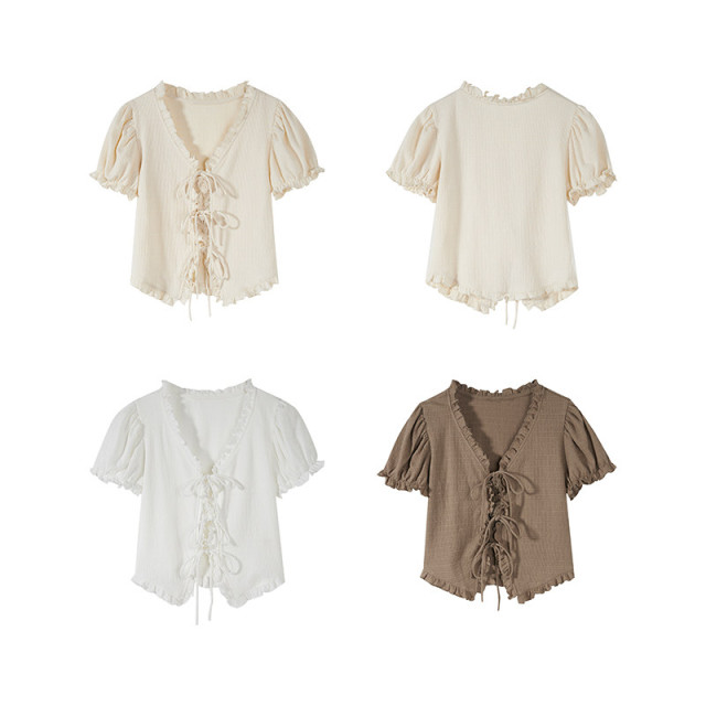 短款泡泡袖襯衫女夏季2025新款法式設計感V領玫瑰花系帶短袖上衣