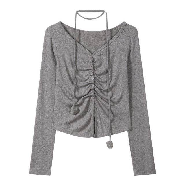 初秋新款純欲甜辣短款設計感弧形露腰收褶掛脖長袖T恤女V領上衣