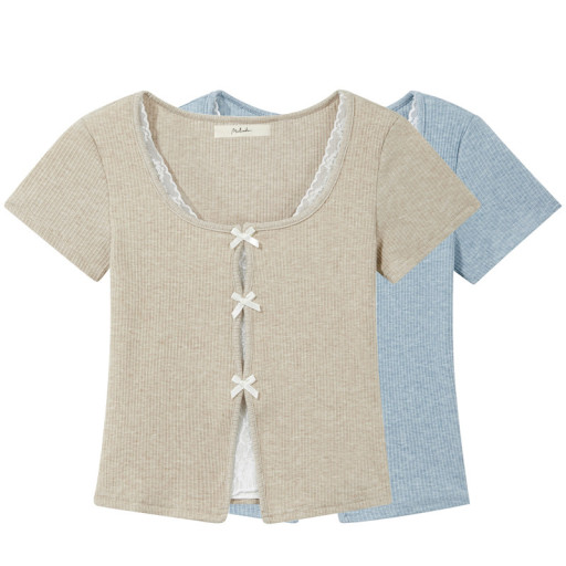 甜美蝴蝶結蕾絲拼接假兩件短袖T恤女2025新款純欲修身短款上衣