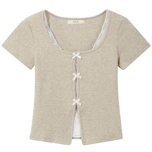 甜美蝴蝶結蕾絲拼接假兩件短袖T恤女2025新款純欲修身短款上衣