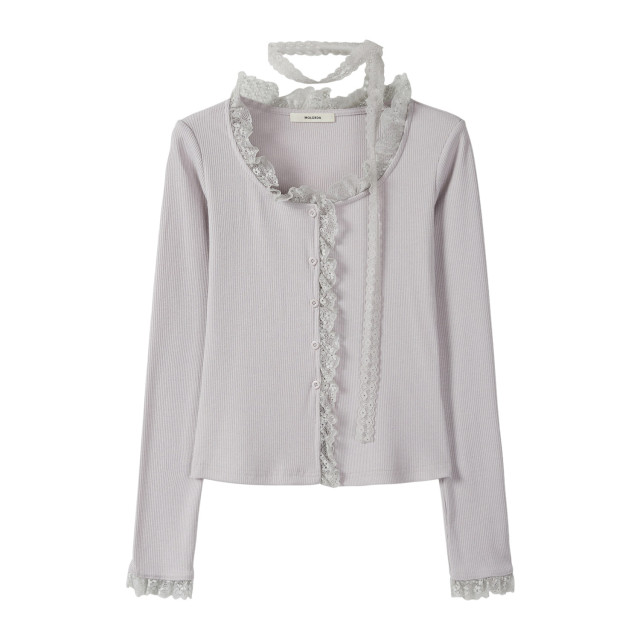 氣質蕾絲飄帶圓領純色長袖T恤2025年秋季新款休閑百搭花邊上衣