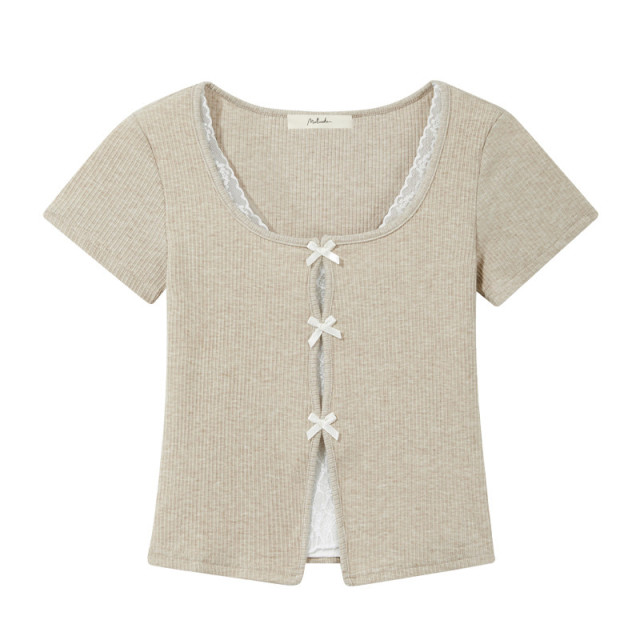 甜美蝴蝶結蕾絲拼接假兩件短袖T恤女2025新款純欲修身短款上衣