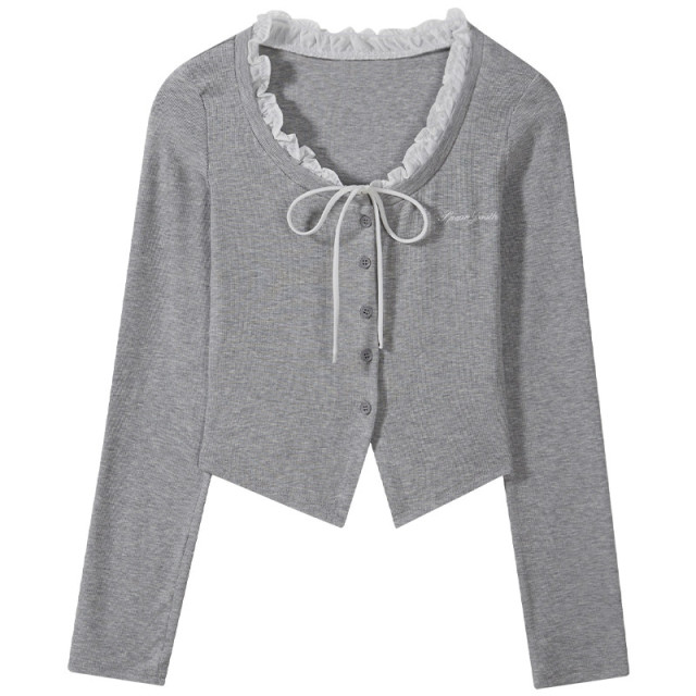 短款假兩件拼接長袖T恤女2025早春秋新款純欲甜辣妹修身系帶上衣