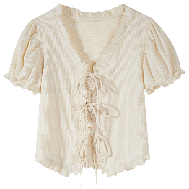 短款泡泡袖襯衫女夏季2025新款法式設計感V領玫瑰花系帶短袖上衣