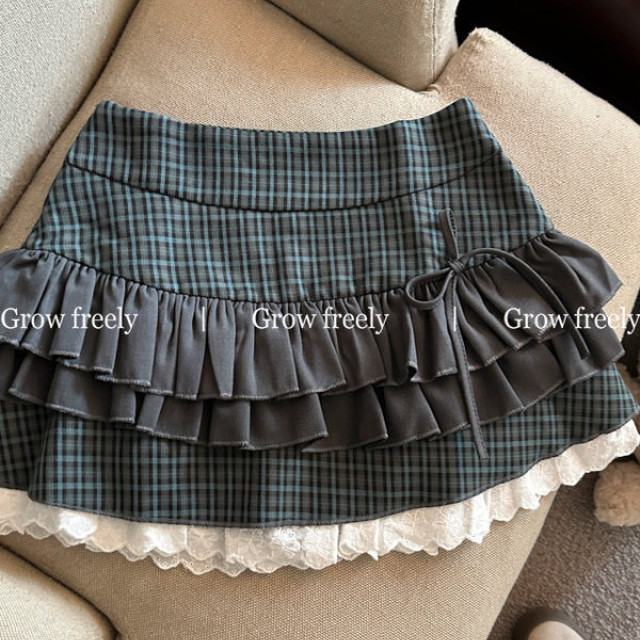Grow freely 法式復古格紋芭蕾風半身裙女秋季辣妹蓬蓬蛋糕短裙子