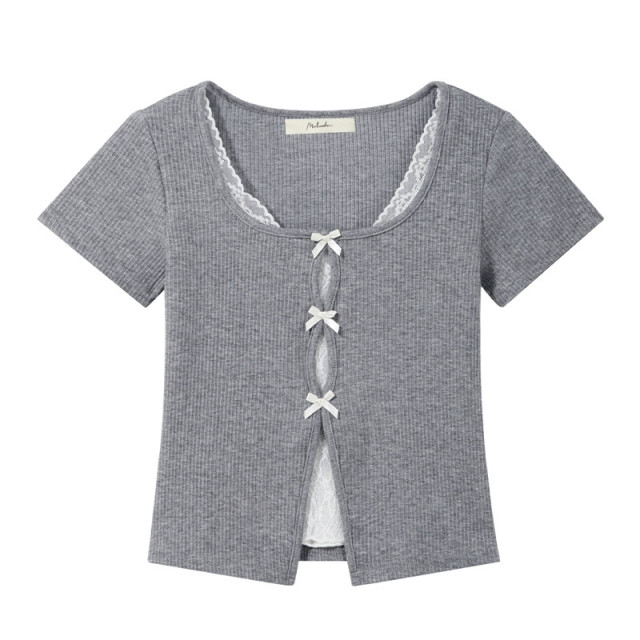 甜美蝴蝶結蕾絲拼接假兩件短袖T恤女2025新款純欲修身短款上衣