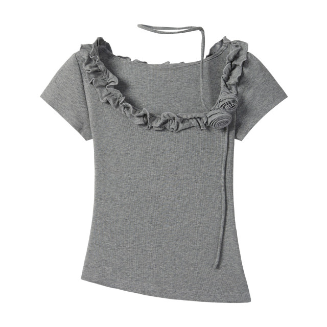 甜辣純欲立體花朵木耳邊短袖T恤女夏季新款系帶不規則修身上衣