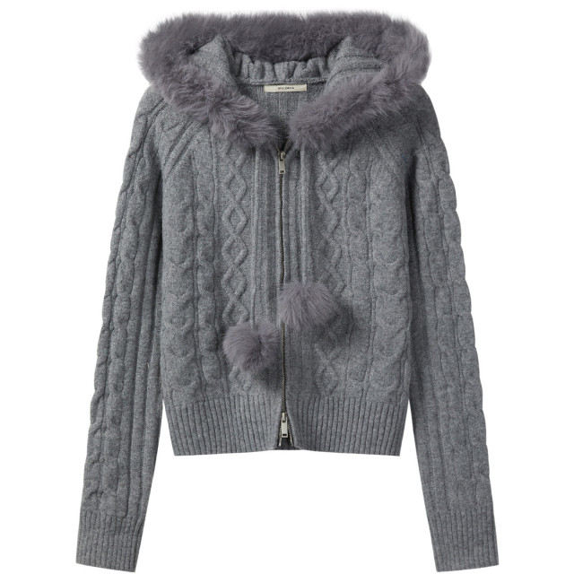 法式溫柔毛領連帽針織開衫女秋冬新款拉鏈軟糯保暖麻花毛衣外套