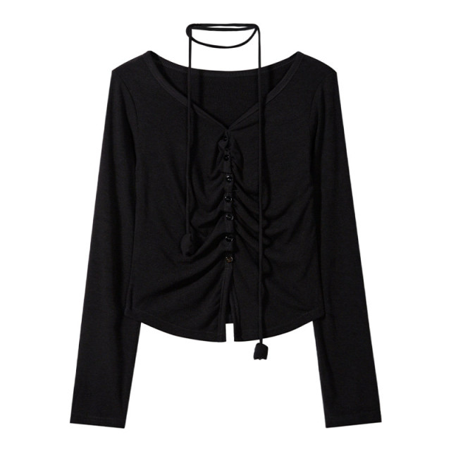 初秋新款純欲甜辣短款設計感弧形露腰收褶掛脖長袖T恤女V領上衣