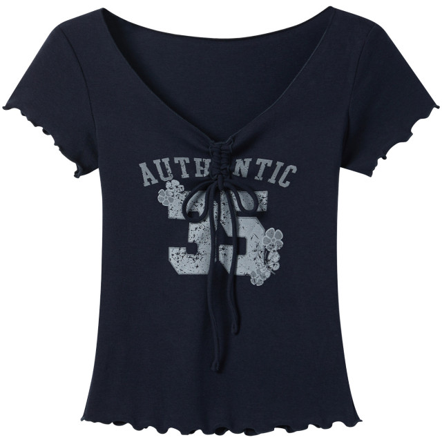 美式甜辣妹V領抽褶蝴蝶結短袖T恤女新款夏日木耳邊印花系帶上衣