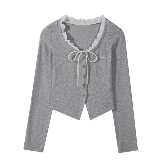 短款假兩件拼接長袖T恤女2025早春秋新款純欲甜辣妹修身系帶上衣