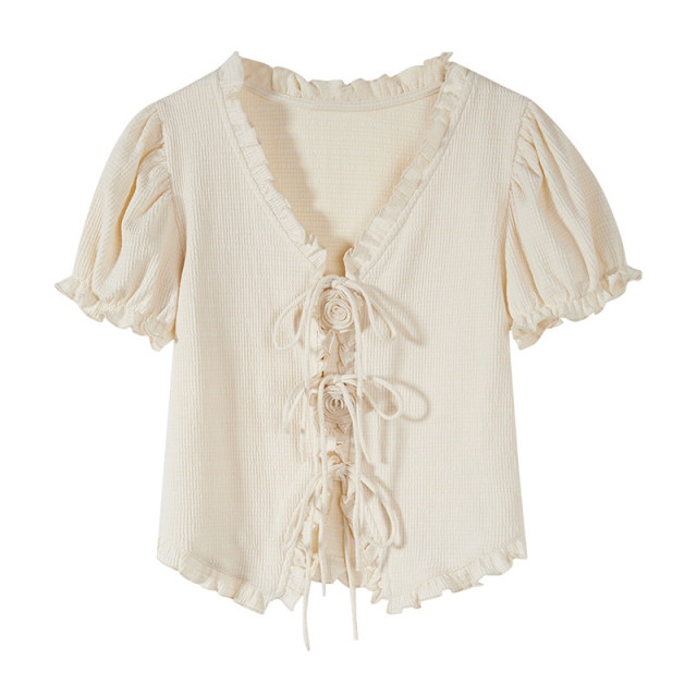 短款泡泡袖襯衫女夏季2025新款法式設計感V領玫瑰花系帶短袖上衣