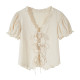 短款泡泡袖襯衫女夏季2025新款法式設計感V領玫瑰花系帶短袖上衣