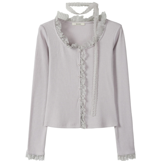 氣質蕾絲飄帶圓領純色長袖T恤2025年秋季新款休閑百搭花邊上衣