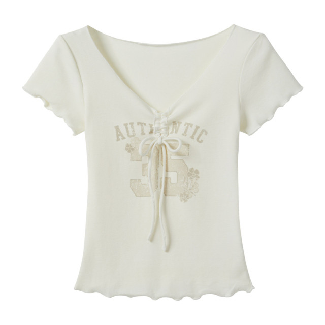 美式甜辣妹V領抽褶蝴蝶結短袖T恤女新款夏日木耳邊印花系帶上衣