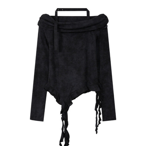 美式復古一字肩掛脖長袖上衣秋冬新款甜辣不規則飄帶修身短褲上衣