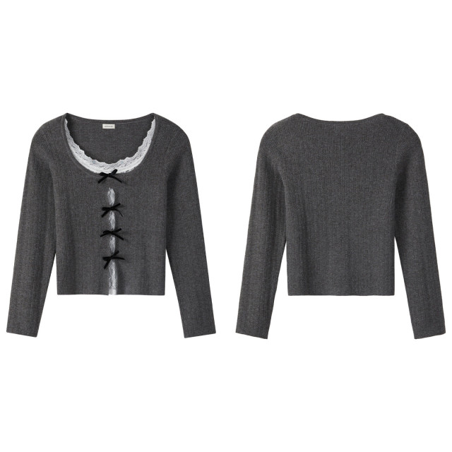 假兩件蕾絲花邊長袖針織衫女新款秋季氣質甜美蝴蝶結純欲修身上衣