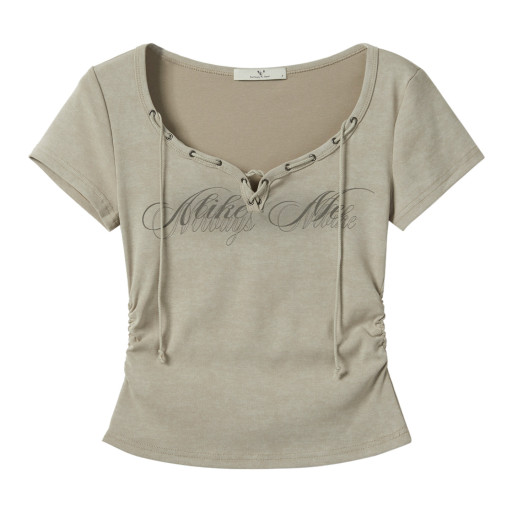 桃心領系帶字母印花短袖t恤女2025夏季新款收腰修身顯瘦短款上衣