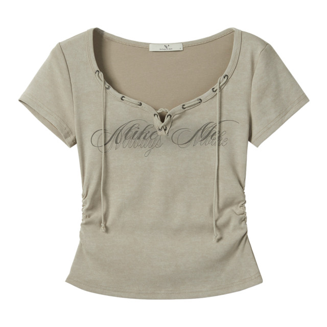 桃心領系帶字母印花短袖t恤女2025夏季新款收腰修身顯瘦短款上衣