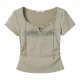 桃心領系帶字母印花短袖t恤女2025夏季新款收腰修身顯瘦短款上衣