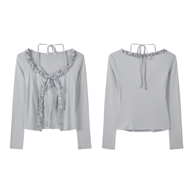 秋裝新款純欲甜辣假兩件拼接開衫披肩木耳邊掛脖長袖T恤女上衣