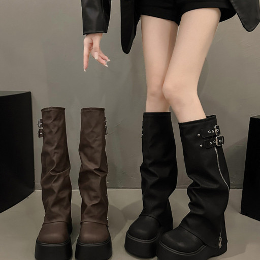 長筒靴女厚底增高2025春秋新款松糕褶皺堆堆褲管靴小個子高筒長靴