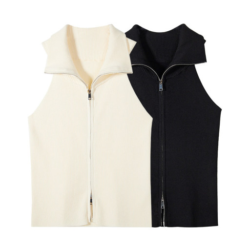 美式辣妹翻領雙拉鏈針織馬甲女2025夏季新款修身吊帶背心短款上衣