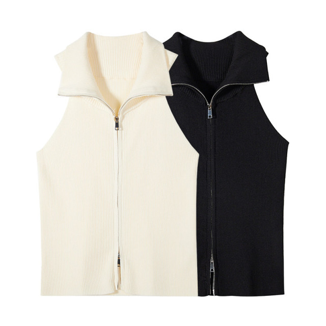 美式辣妹翻領雙拉鏈針織馬甲女2025夏季新款修身吊帶背心短款上衣