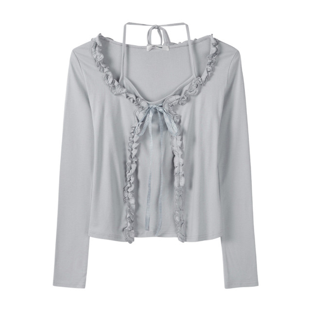 秋裝新款純欲甜辣假兩件拼接開衫披肩木耳邊掛脖長袖T恤女上衣