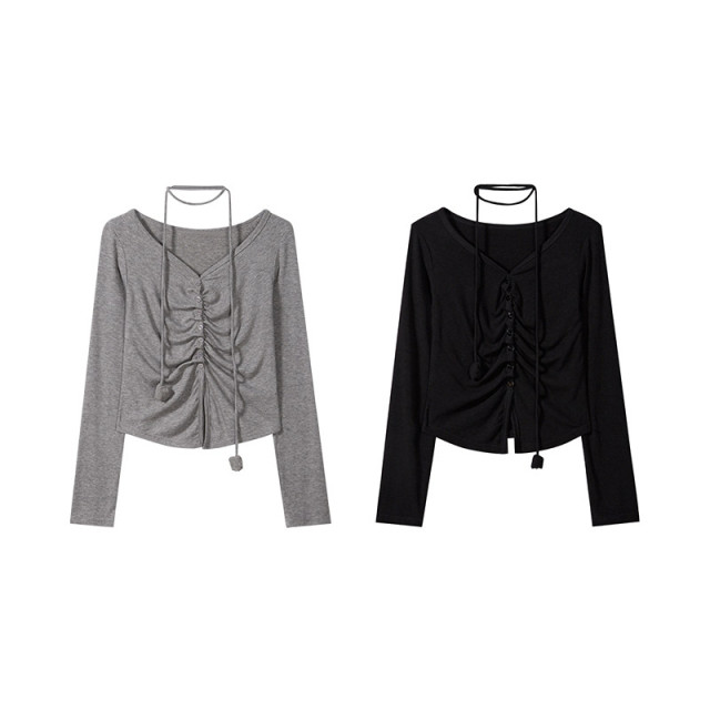 初秋新款純欲甜辣短款設計感弧形露腰收褶掛脖長袖T恤女V領上衣