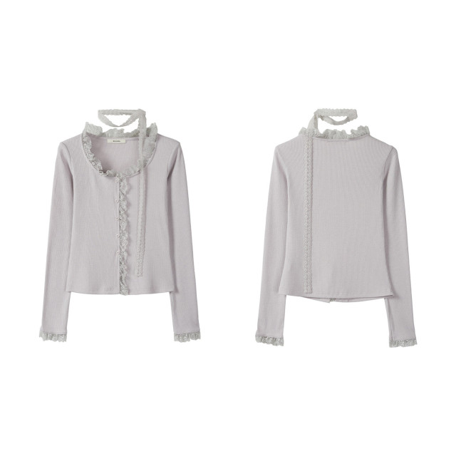 氣質蕾絲飄帶圓領純色長袖T恤2025年秋季新款休閑百搭花邊上衣