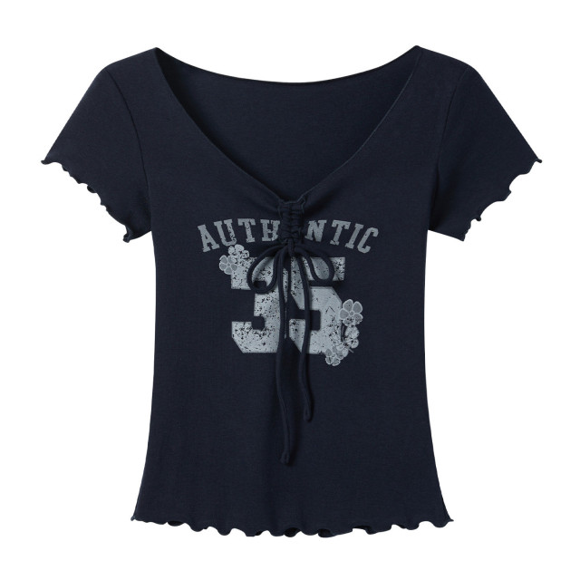 美式甜辣妹V領抽褶蝴蝶結短袖T恤女新款夏日木耳邊印花系帶上衣