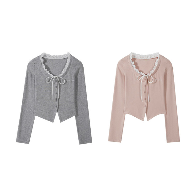 短款假兩件拼接長袖T恤女2025早春秋新款純欲甜辣妹修身系帶上衣