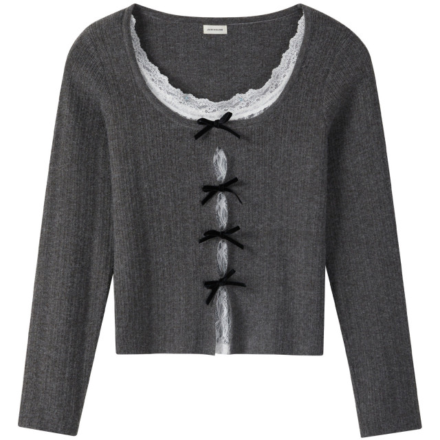 假兩件蕾絲花邊長袖針織衫女新款秋季氣質甜美蝴蝶結純欲修身上衣