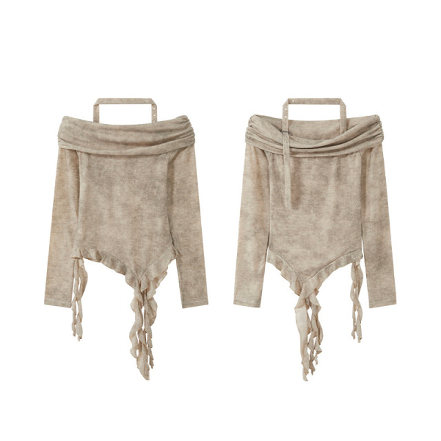 美式復古一字肩掛脖長袖上衣秋冬新款甜辣不規則飄帶修身短褲上衣