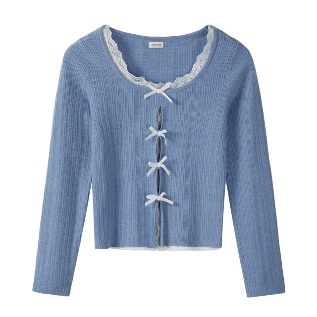 假兩件蕾絲花邊長袖針織衫女新款秋季氣質甜美蝴蝶結純欲修身上衣