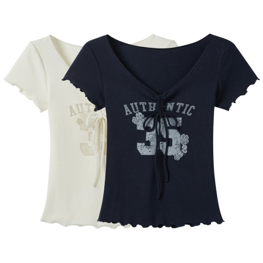 美式甜辣妹V領抽褶蝴蝶結短袖T恤女新款夏日木耳邊印花系帶上衣