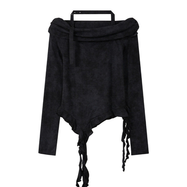 美式復古一字肩掛脖長袖上衣秋冬新款甜辣不規則飄帶修身短褲上衣