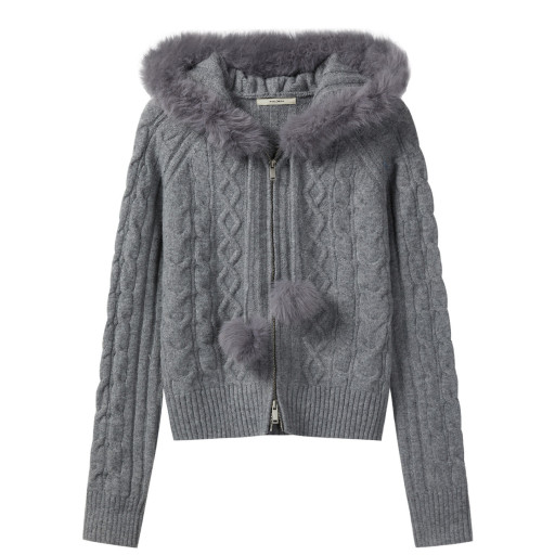 法式溫柔毛領連帽針織開衫女秋冬新款拉鏈軟糯保暖麻花毛衣外套