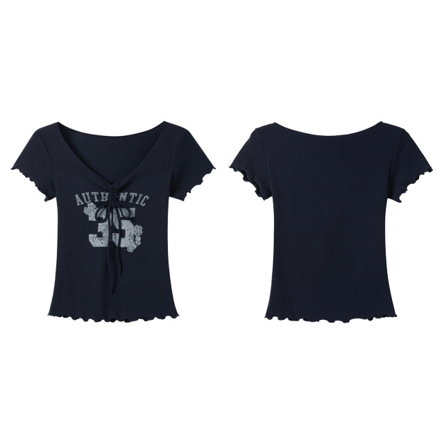 美式甜辣妹V領抽褶蝴蝶結短袖T恤女新款夏日木耳邊印花系帶上衣