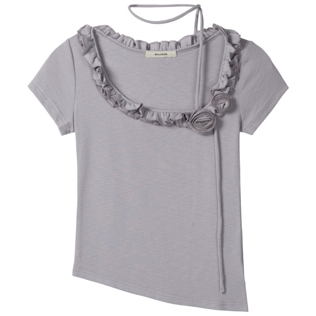 甜辣純欲立體花朵木耳邊短袖T恤女夏季新款系帶不規則修身上衣