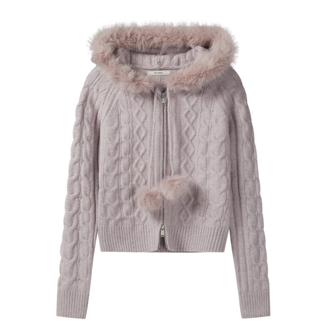 法式溫柔毛領連帽針織開衫女秋冬新款拉鏈軟糯保暖麻花毛衣外套