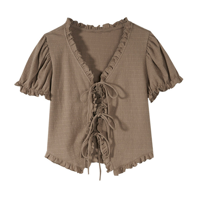 短款泡泡袖襯衫女夏季2025新款法式設計感V領玫瑰花系帶短袖上衣