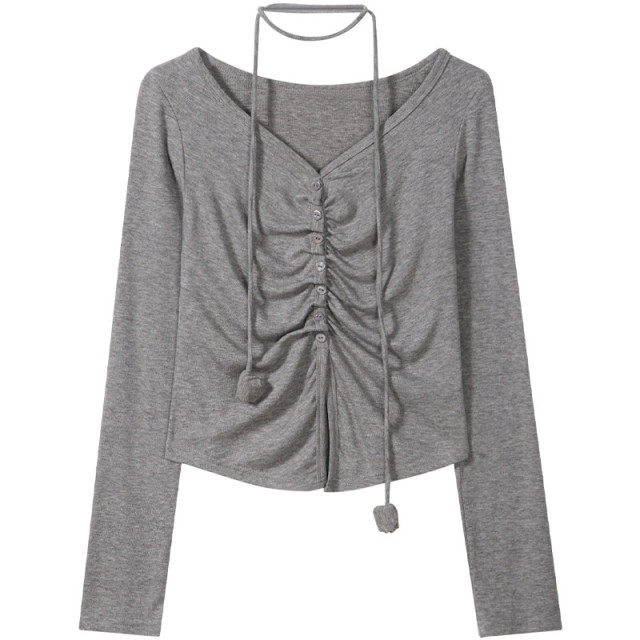 初秋新款純欲甜辣短款設計感弧形露腰收褶掛脖長袖T恤女V領上衣