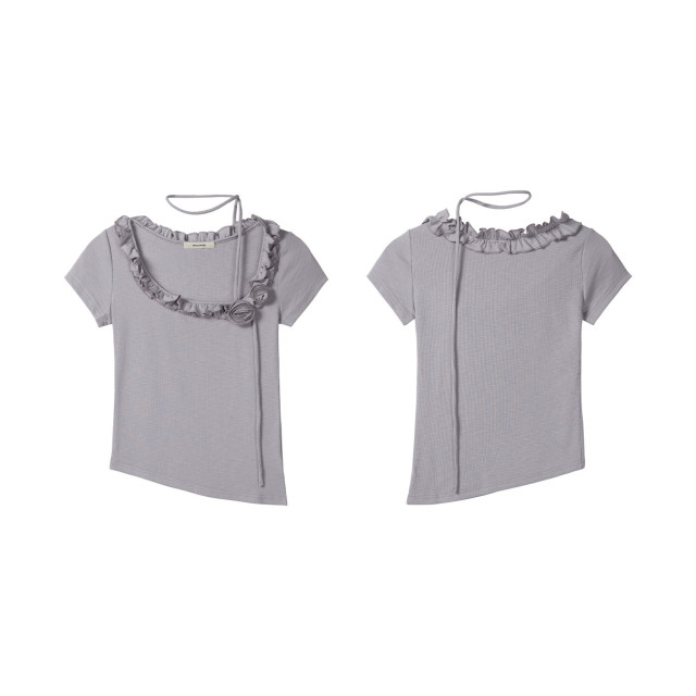 甜辣純欲立體花朵木耳邊短袖T恤女夏季新款系帶不規則修身上衣